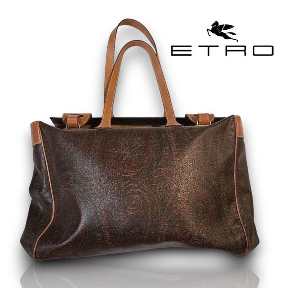 Etro Vintage Y2K Brown Coated Leather Paisley Print Large Travel Shoulder Bag - Picture 1 of 13